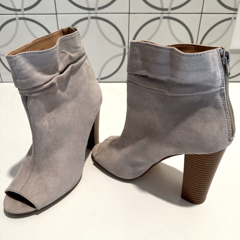 Express Grey Suede Open Toe Bootie - Picture 2 of 4